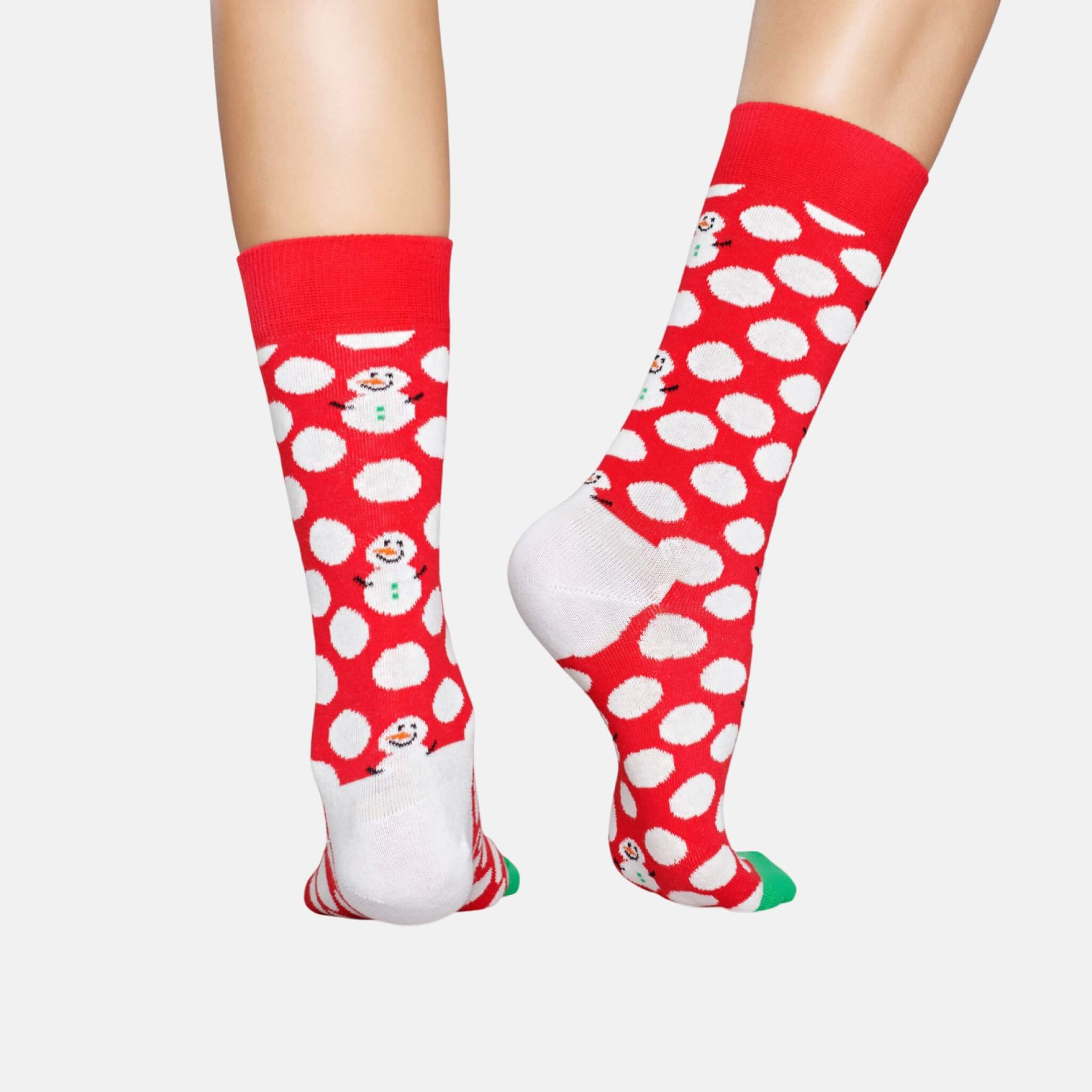 Červené ponožky Happy Socks s bielymi bodkami a snehuliakmi, vzor Big Dot Snowman