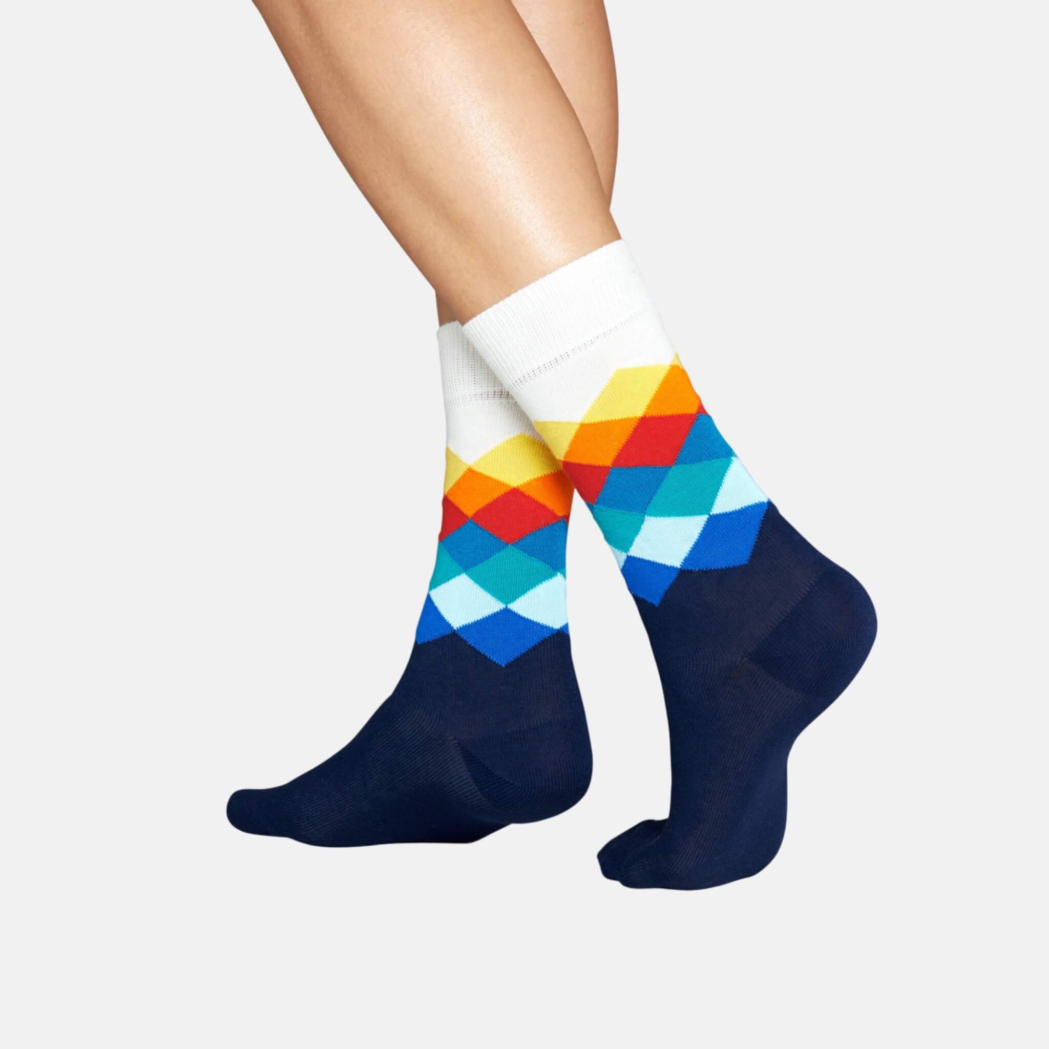 Modro-biele ponožky Happy Socks s farebnými kosoštvorcami, vzor Faded Diamond