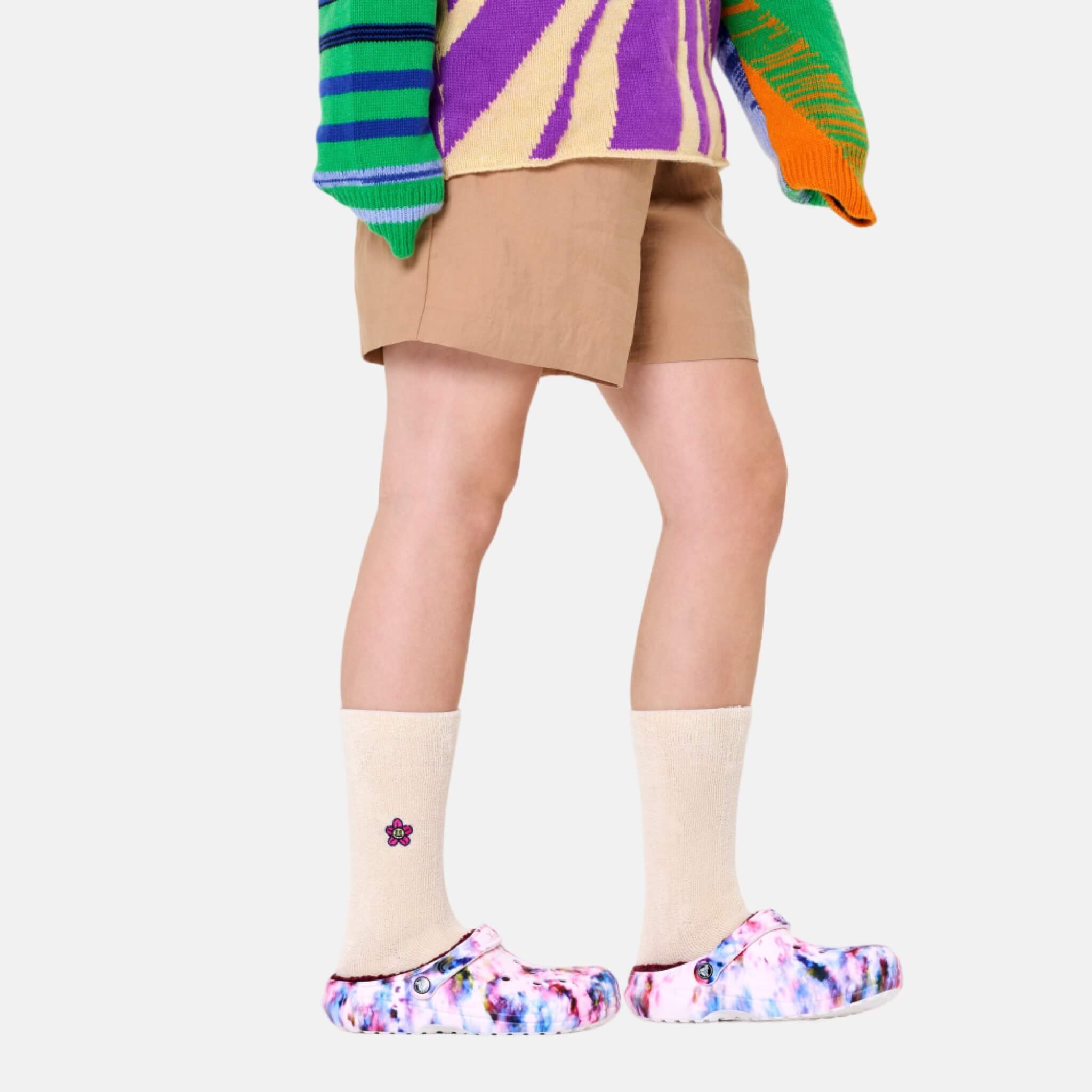Béžové ponožky Happy Socks s vyšitým kvetom, vzor Flower