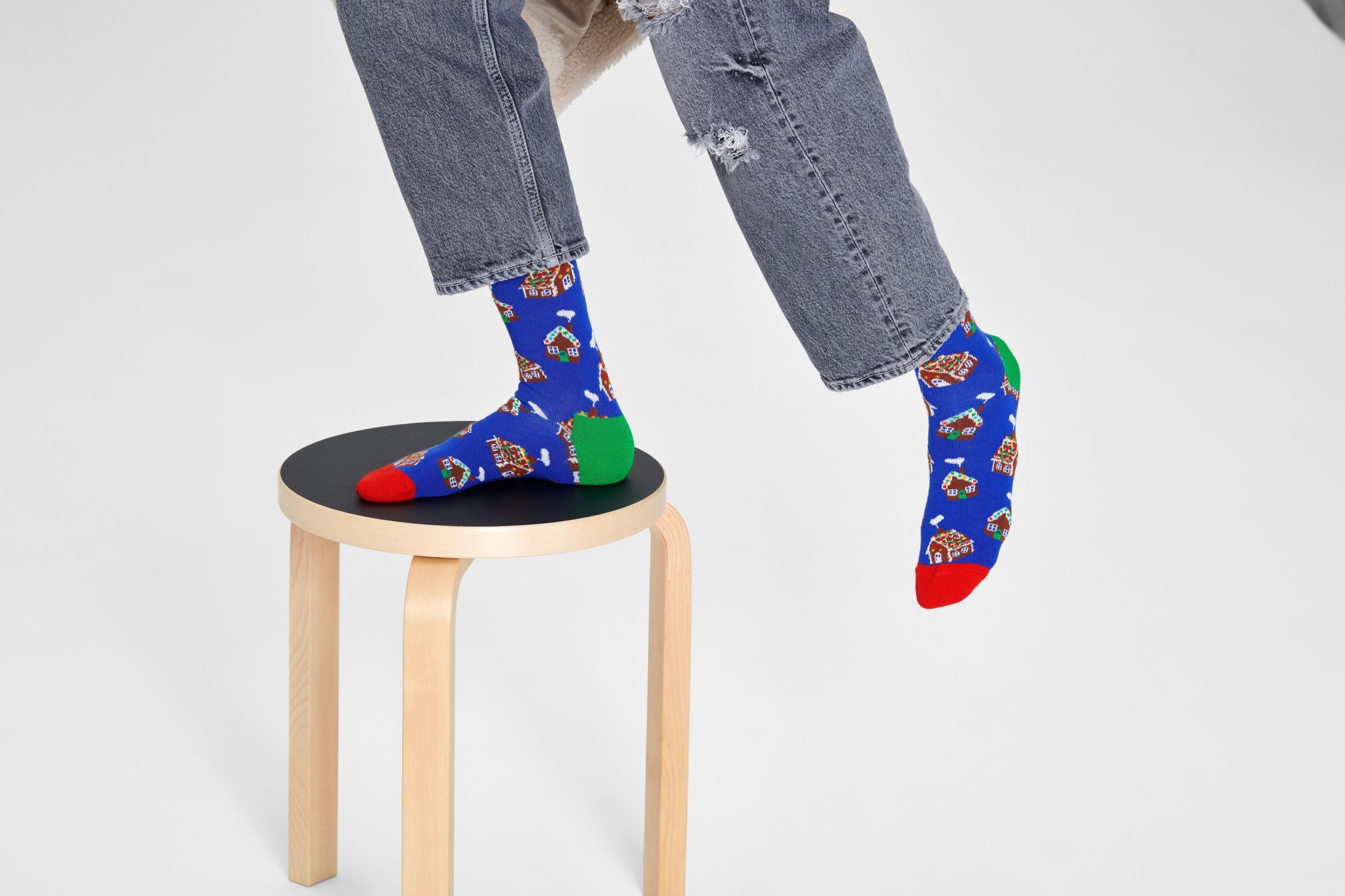 Modré ponožky Happy Socks s perníkovou chalúpkou, vzor Gingerbread House