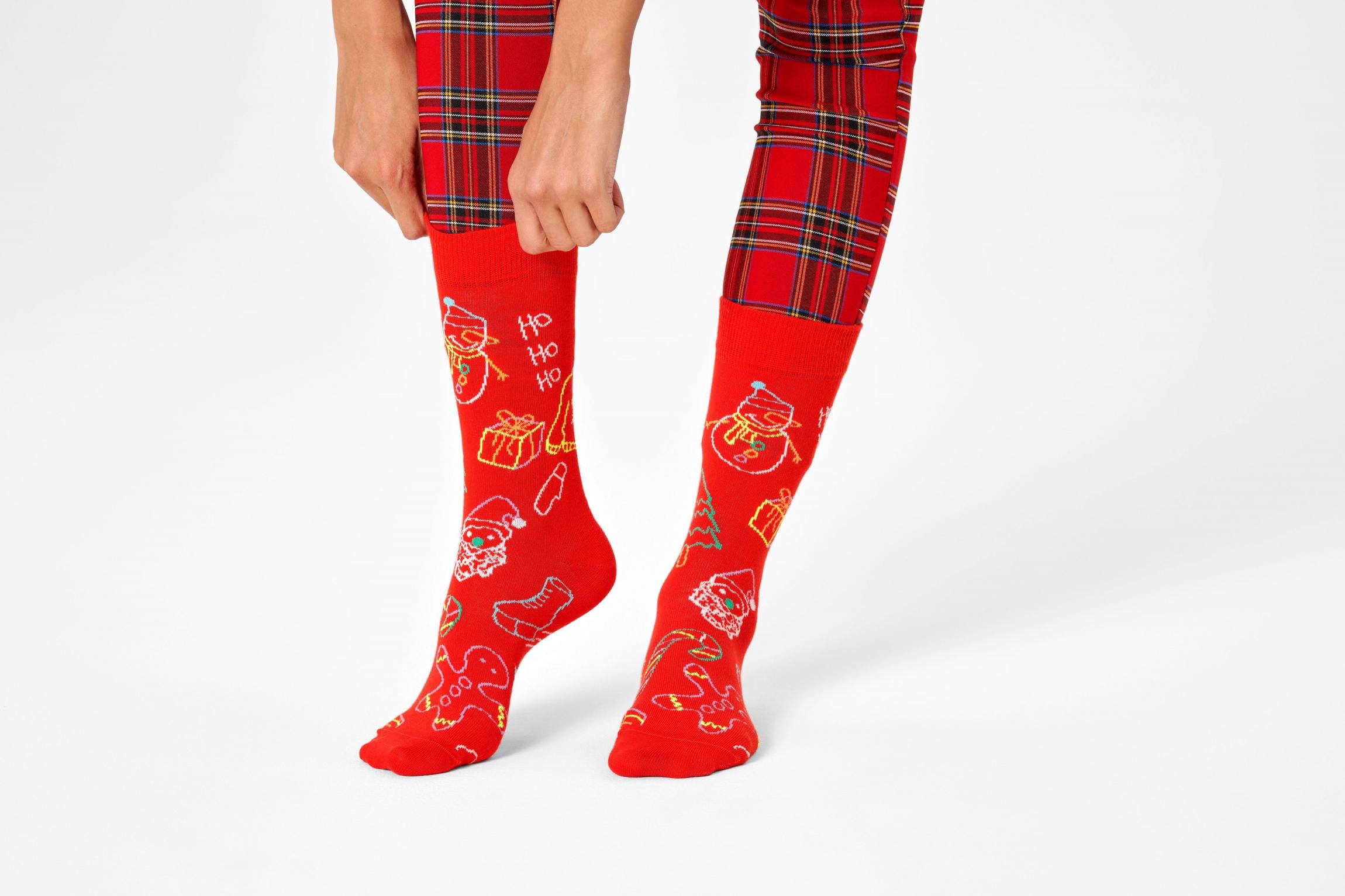 Červené ponožky Happy Socks s vianočnými symbolmi, vzor Ho Ho Ho