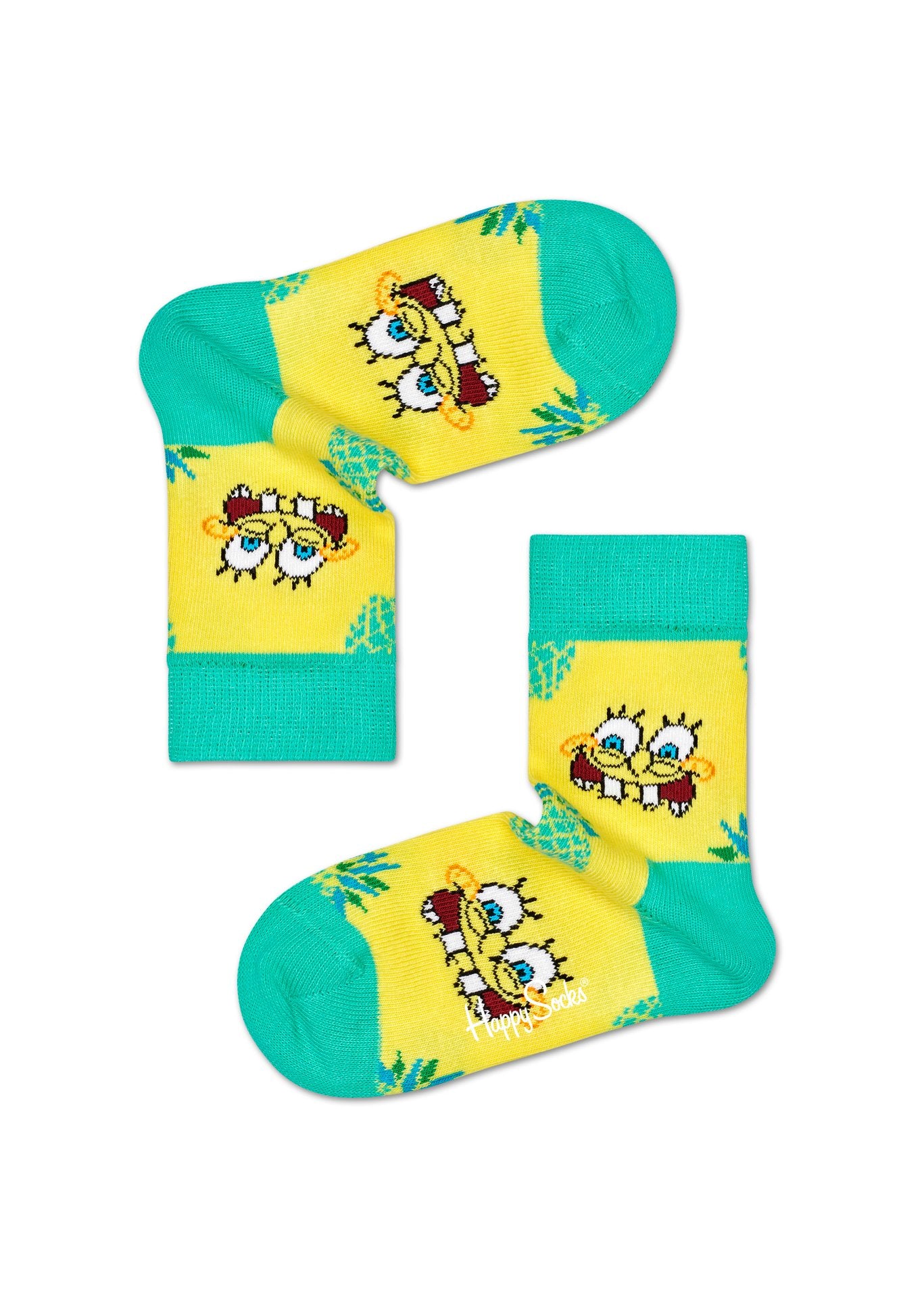 Detské žlto-zelené ponožky z kolekcie Happy Socks x Sponge Bob, vzor Fineapple Surprise