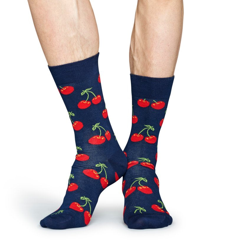 Modré ponožky Happy Socks s červenými čerešničkami, vzor Cherry